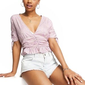 ASOS V-Neck Tea Blouse Top with Tie in Ditsy Print Lilac Polka Dot Crop Top